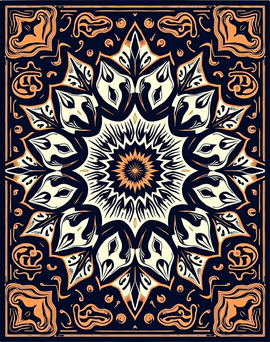 Navy Orange Floral Medallion Rug
