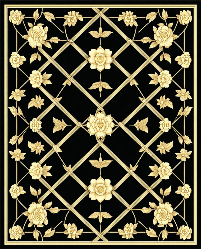 Classic Gold And Black Floral Lattice Rug