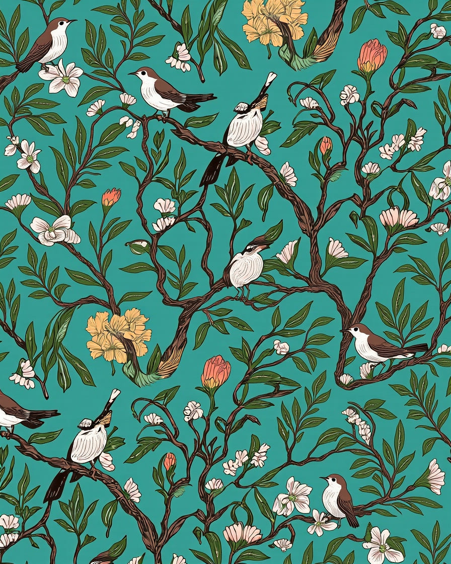 Birds and Blooming Branches Pattern Rug