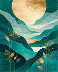 Teal Gold Leafy Mountain Scape Rug