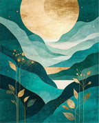 Teal Gold Leafy Mountain Scape Rug