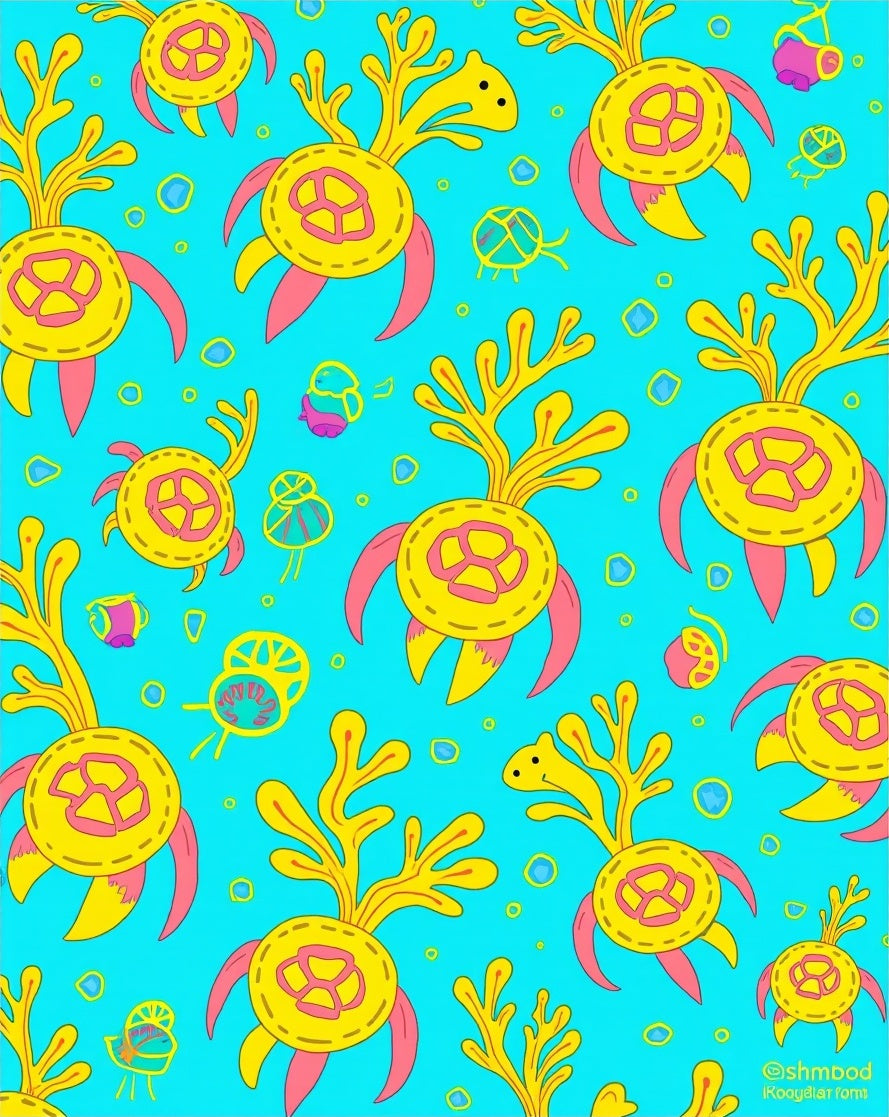 Whimsical Coral Yellow Turtle Pattern Rug