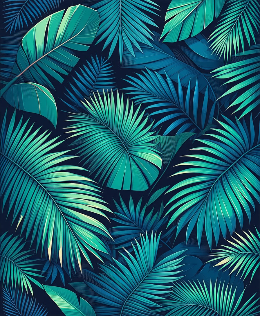 Vibrant Teal Tropical Leaf Pattern Rug