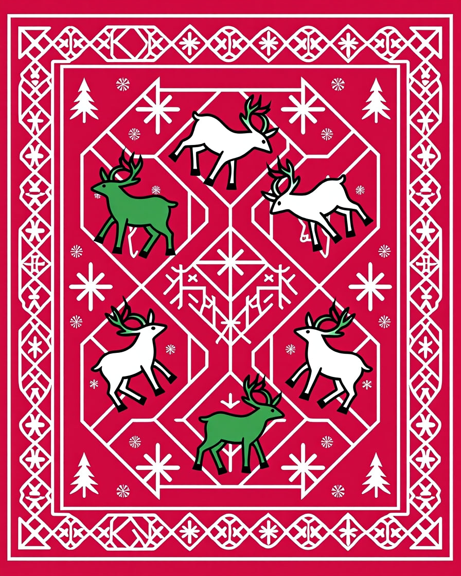 Red White Christmas Deer Snowflakes Border Rug