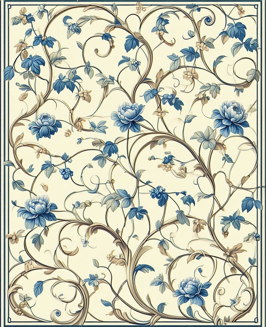 Classic Blue Floral Vine Pattern Rug
