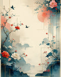 Birds Blossoms Water Ink Style Design Rug