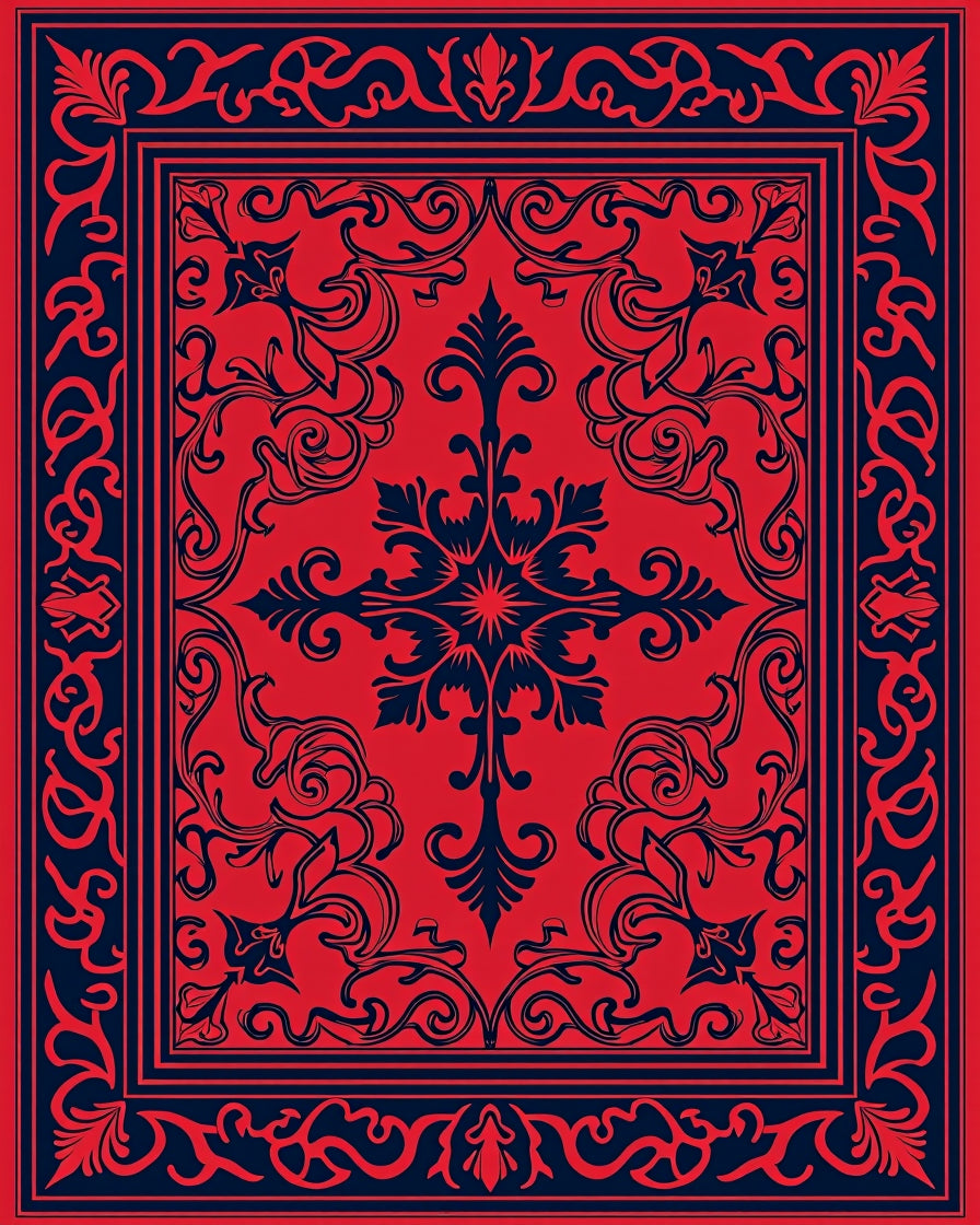 Red And Navy Scrollwork Mandala Pattern Rug