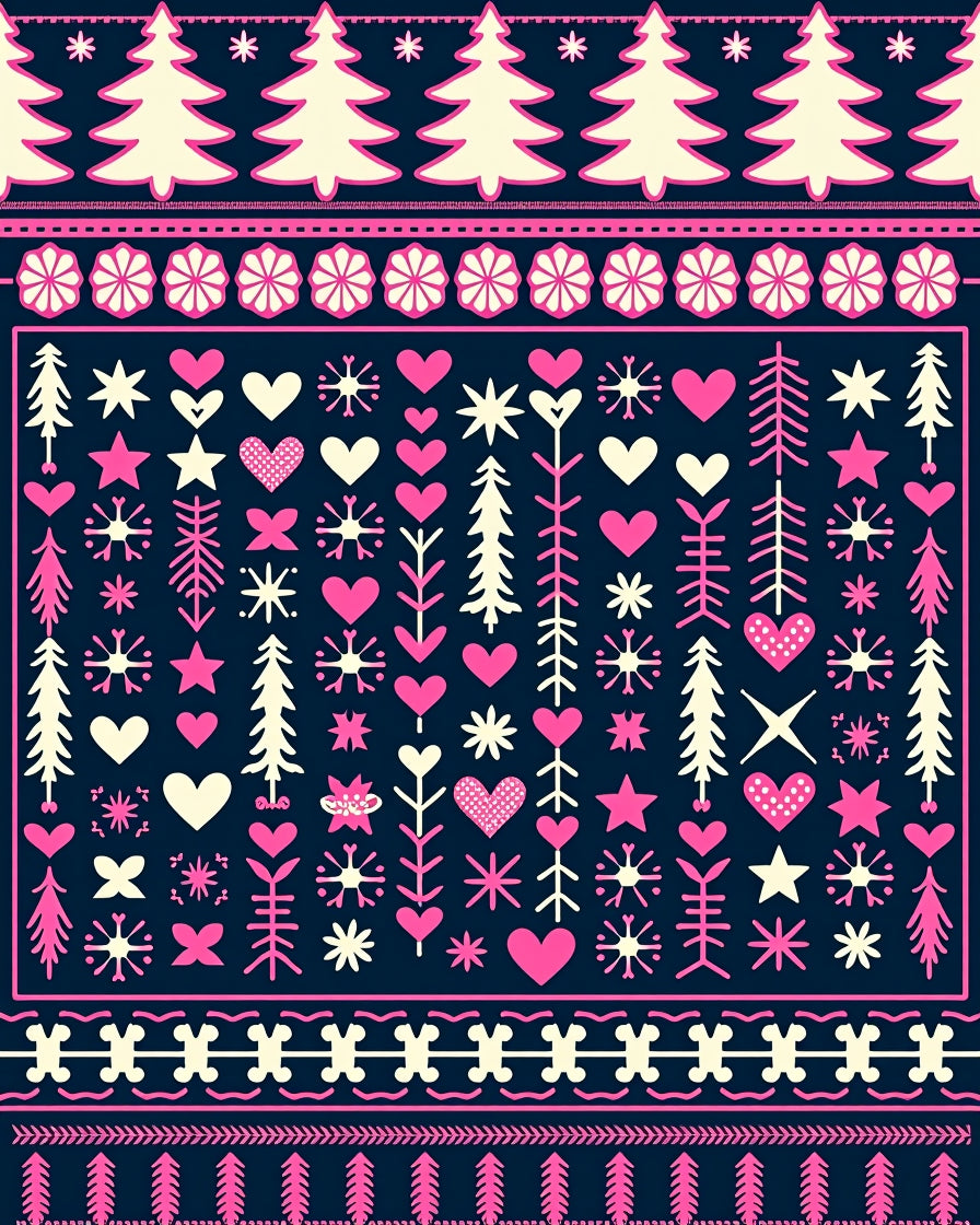 Navy Cream Pink Folk Tree Heart Rug