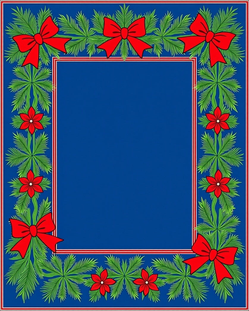 Festive Red Bow Green Pine Frame Rug