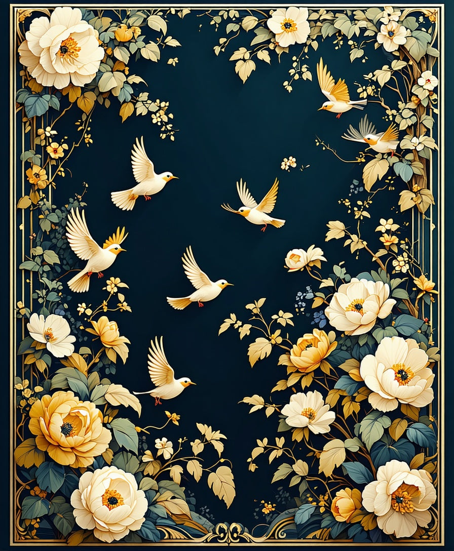 Floral Birds On Deep Blue Canvas Rug