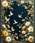 Floral Birds On Deep Blue Canvas Rug