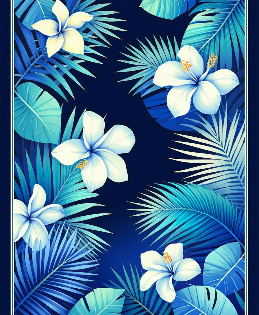 Tropical White Hibiscus Leaf Pattern Rug