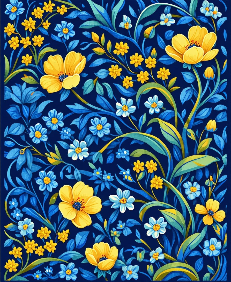 Navy Blue Floral Pattern Rug