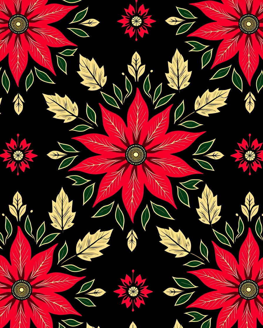 Vibrant Red Poinsettia Floral Medallions Rug