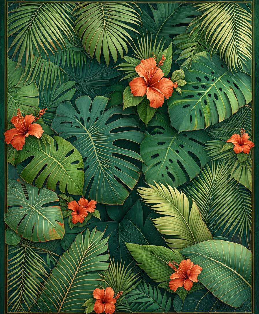 Lush Tropical Foliage Hibiscus Design Rug