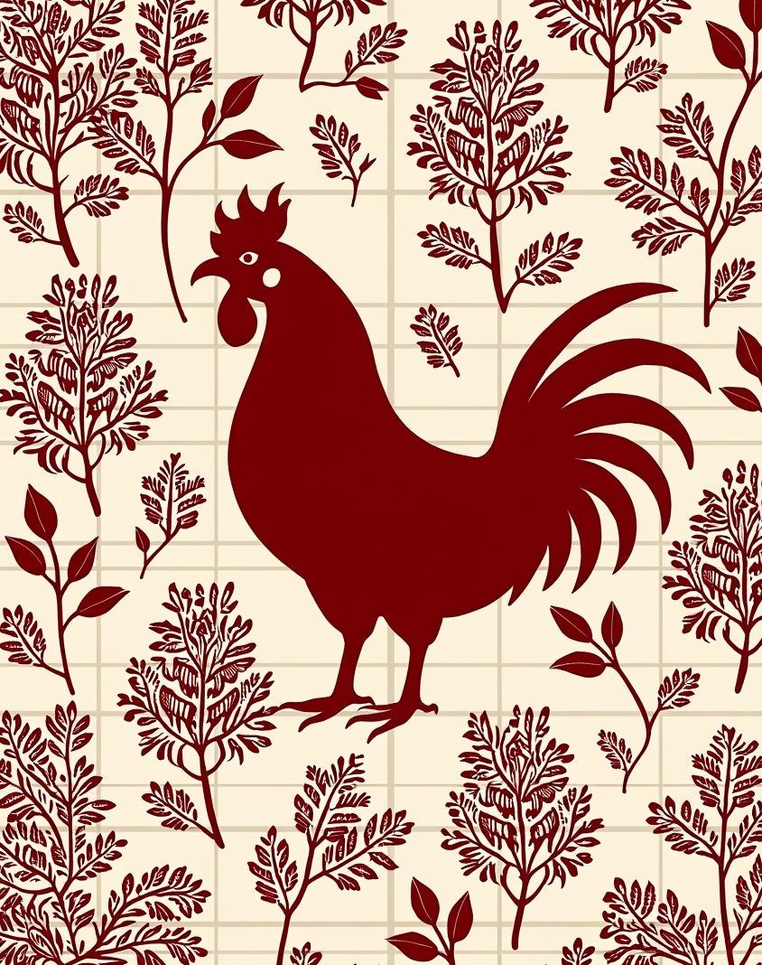 Folk Rooster Branch Pattern Design Rug