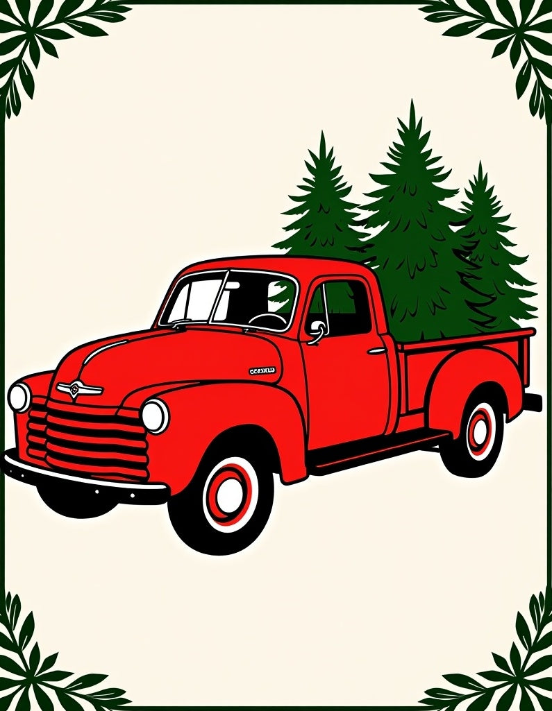 Red Vintage Truck Evergreen Trees Border Rug