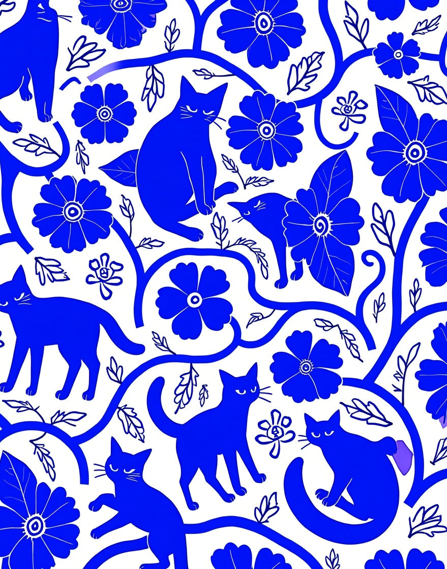 Whimsical Blue Cats Floral Vine Pattern Rug