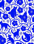 Whimsical Blue Cats Floral Vine Pattern Rug