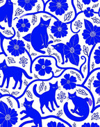 Whimsical Blue Cats Floral Vine Pattern Rug