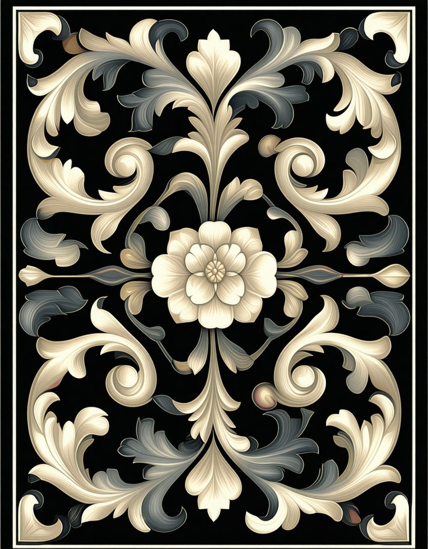 Ornate Floral Scroll Motif Rug