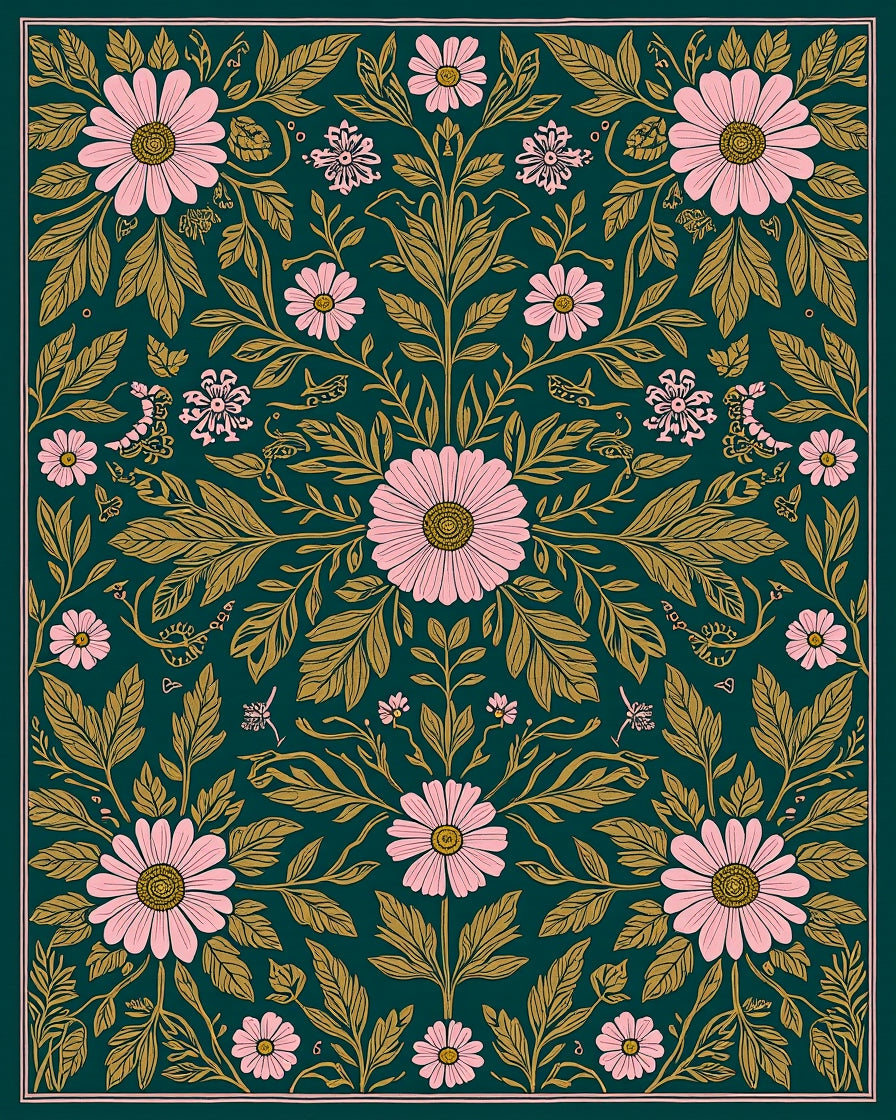 Pink Floral Botanical Pattern Rug
