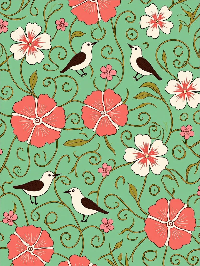 Whimsical Floral Birds Pattern Rug