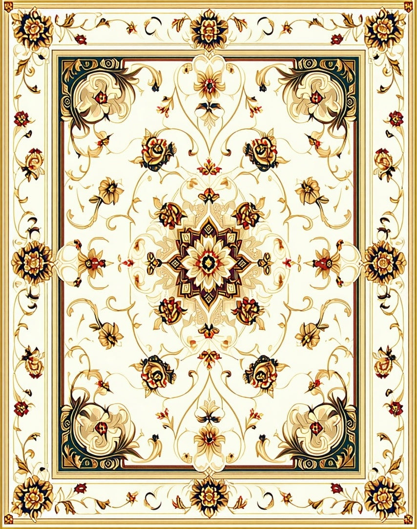 Ornate Floral Scroll Panel Design Rug
