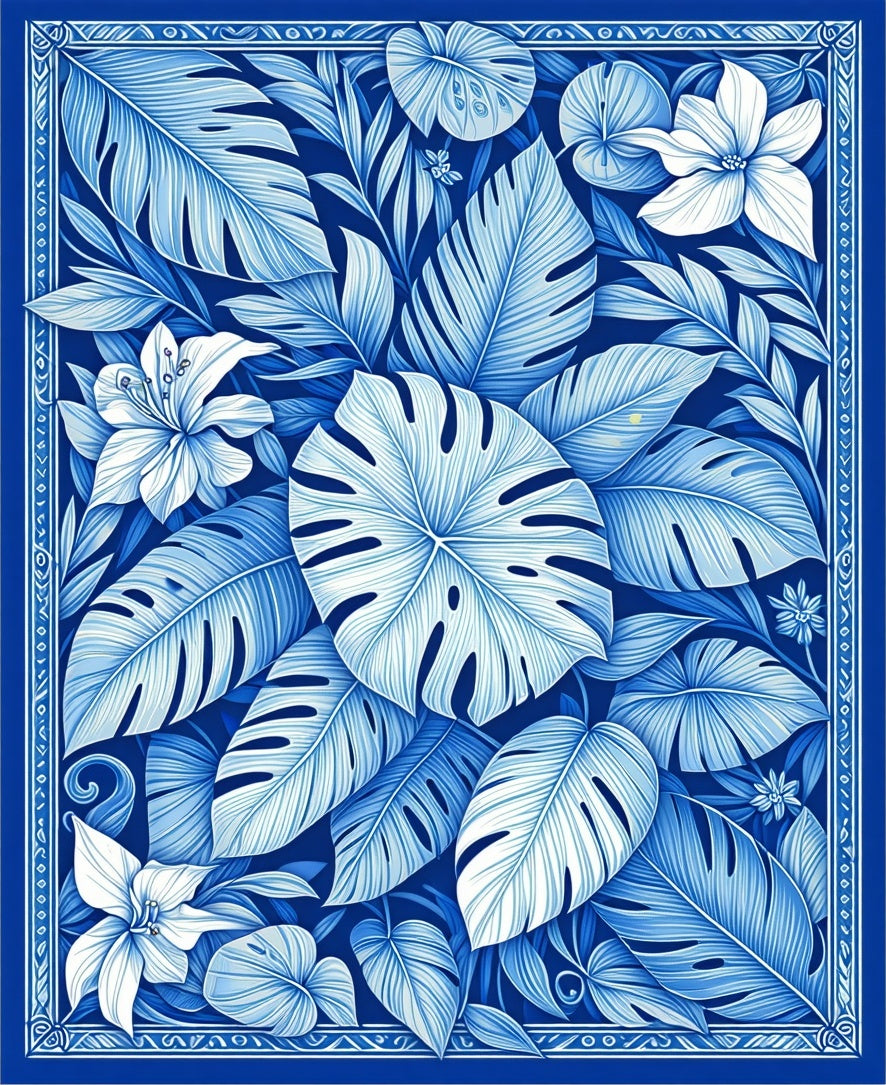 Blue Tropical Leaf Flower Pattern Rug