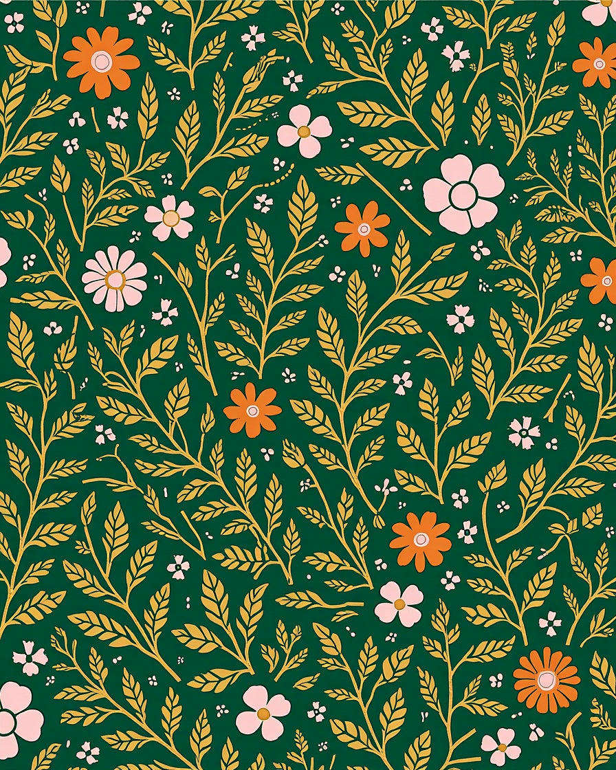 Forest Green Floral Botanical Pattern Rug