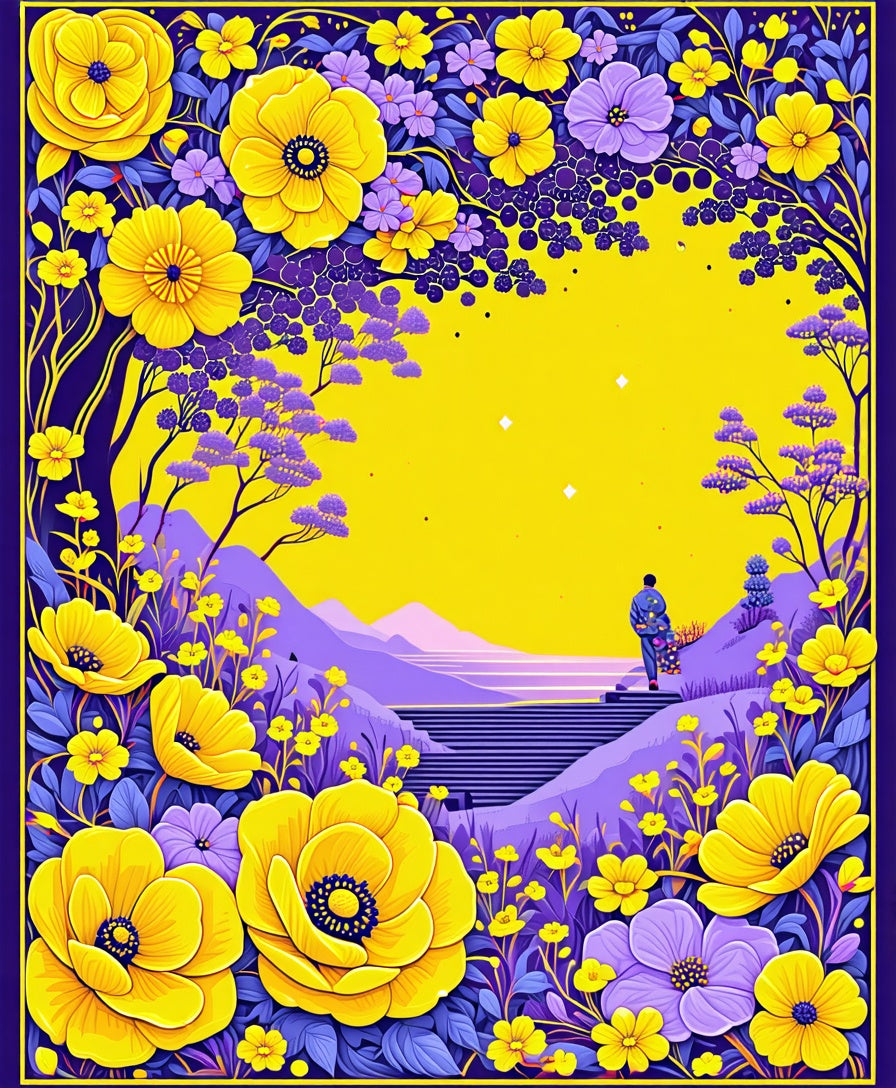 Vibrant Yellow Purple Floral Landscape Rug