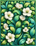White Blossoms Green Swirl Art Rug