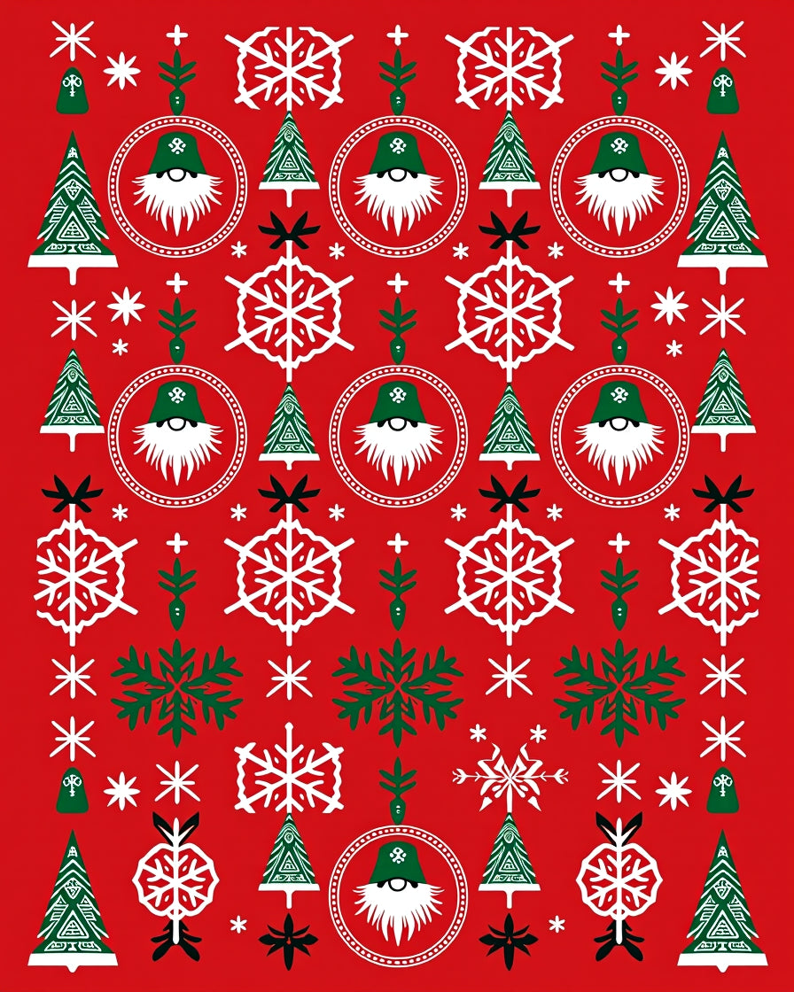 Festive Red White Green Gnome Trees Rug