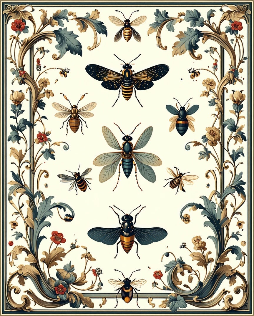 Insects and Floral Vintage Pattern Rug