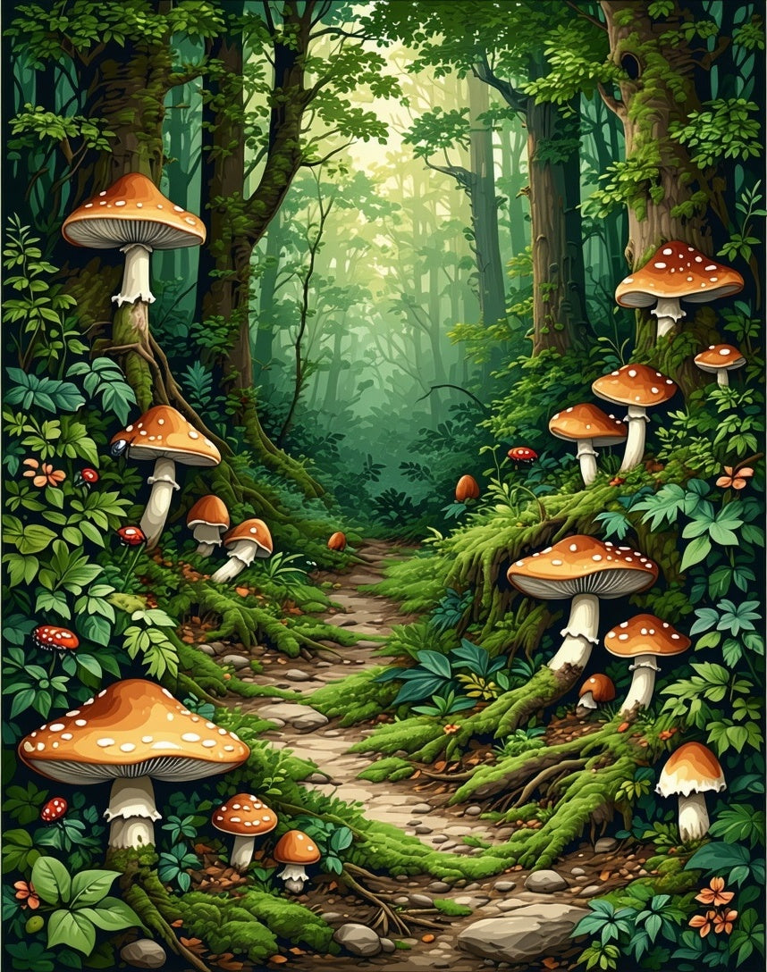 Enchanted Forest Mushroom Scene Rug