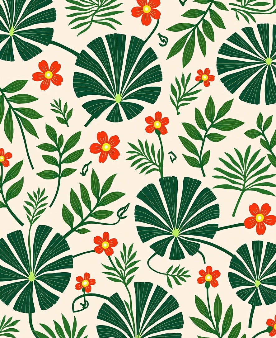Tropical Green Leaf Red Flower Rug