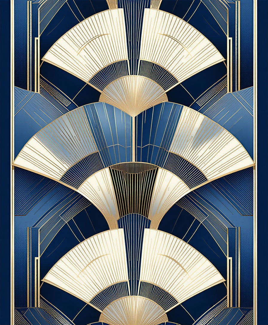 Art Deco Navy Gold Fan Pattern Rug