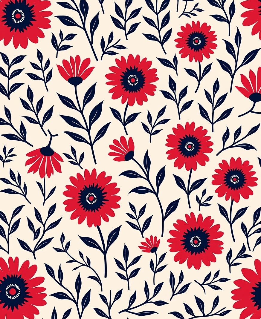 Bold Red Floral Leaf Pattern Rug