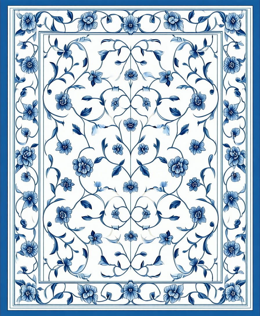 Blue Floral Vine Patterned Rug