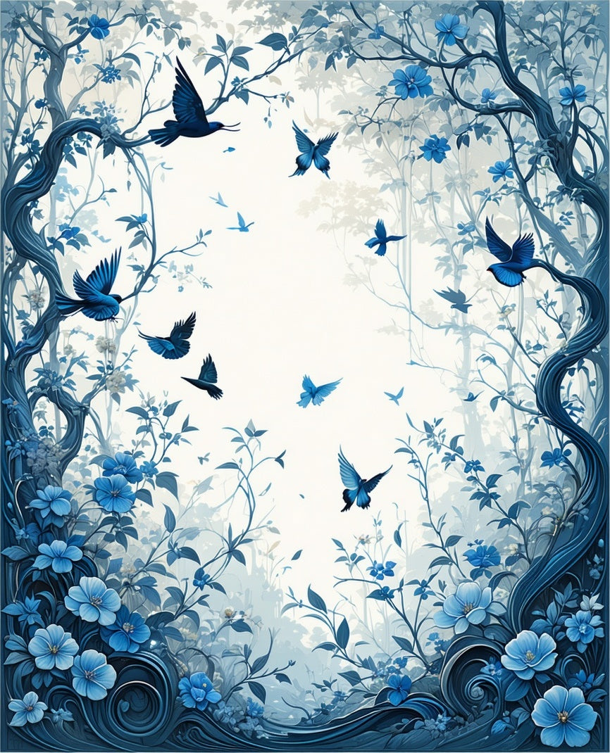 Enchanted Blue Floral and Bird Art Rug