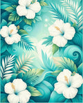 White Hibiscus Tropical Leaves Pattern Rug