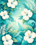 White Hibiscus Tropical Leaves Pattern Rug