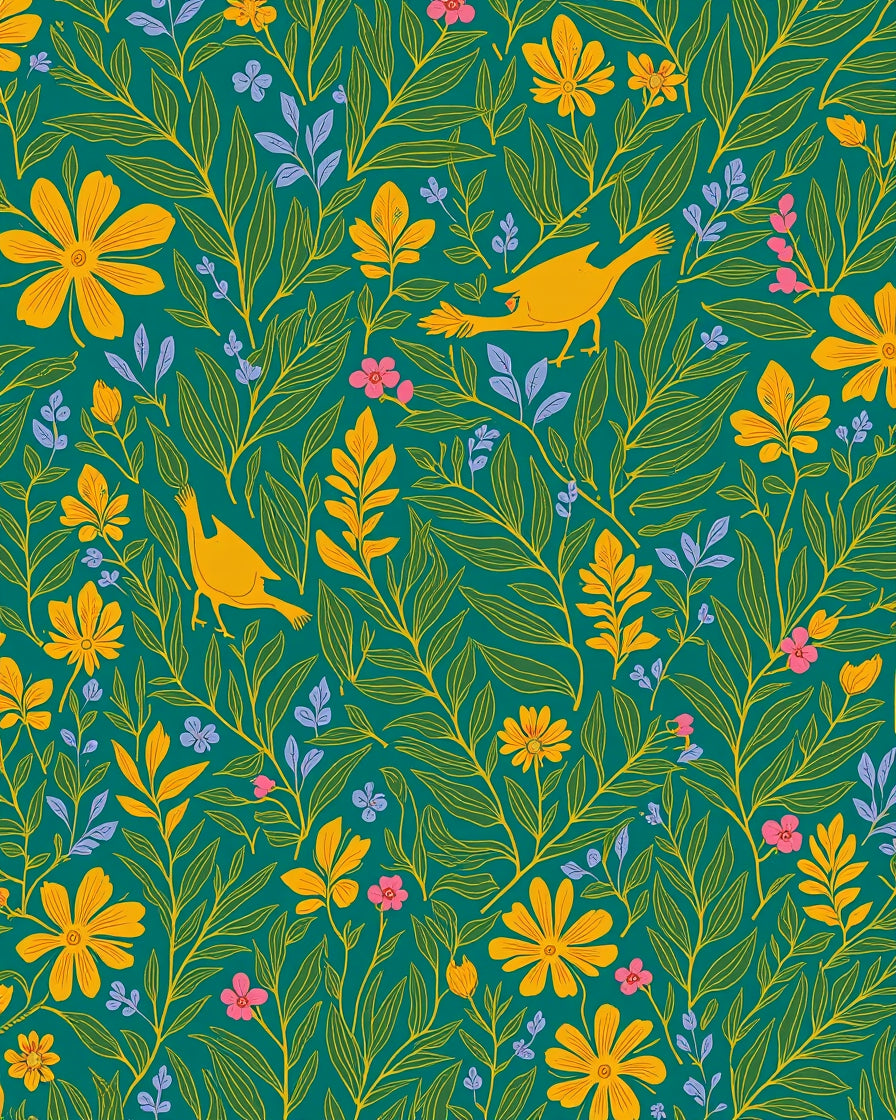 Golden Birds Botanical Garden Pattern Rug