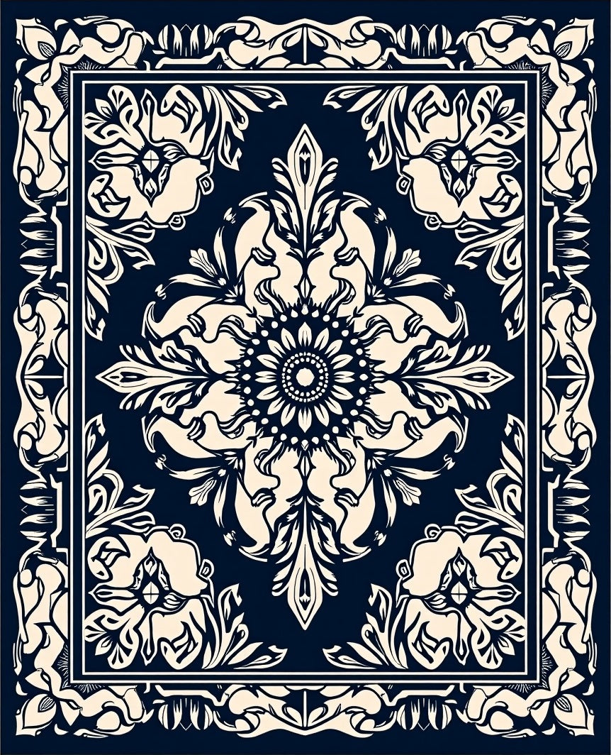 Dark Ivory Floral Inlay Mandala Pattern Rug