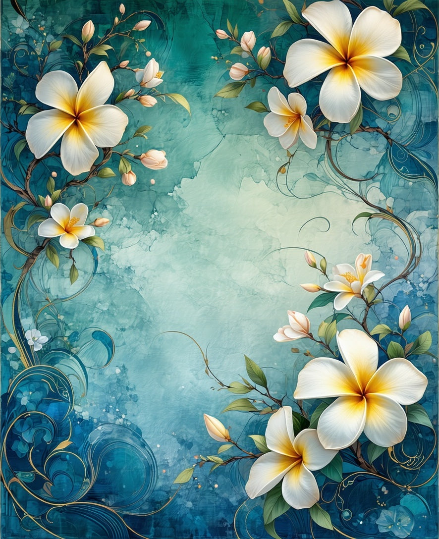 White Bloom Floral Teal Swirl Design Rug