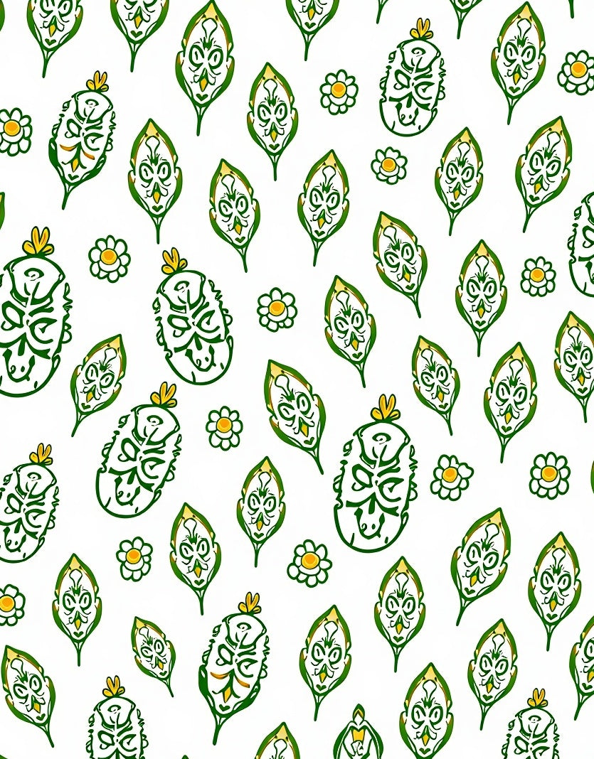 Whimsical Green Leaf Flower Pattern Rug