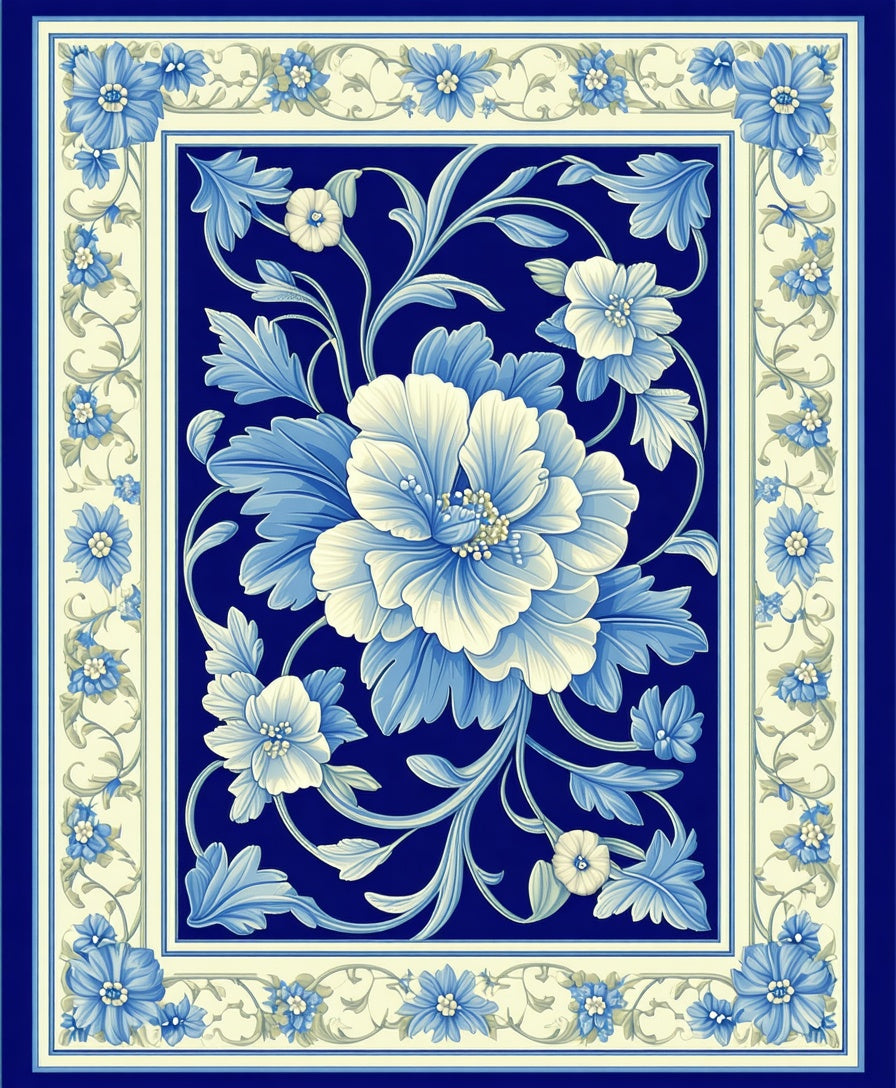 Blue Floral Scrollwork Pattern Rug