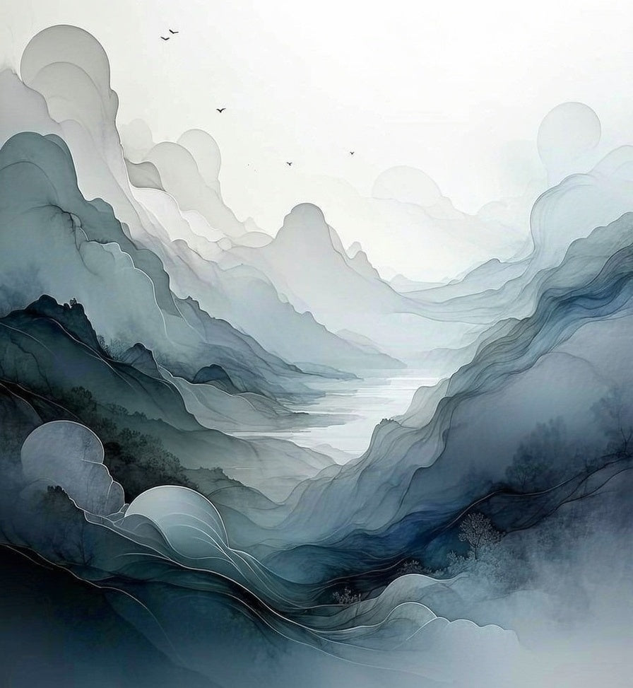 Misty Mountain River Landscape Abstract Rug