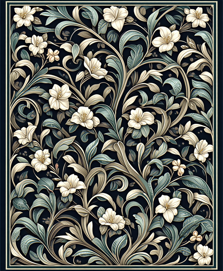 Dark Floral Leaf Vine Pattern Rug