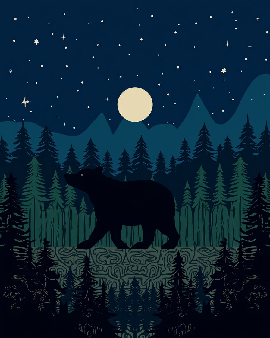 Night Forest Bear Scene Design Rug